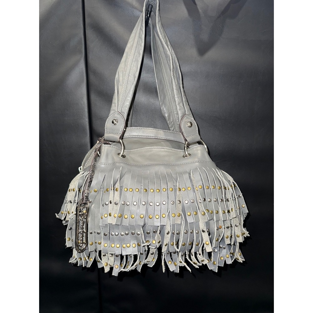 Leather Gray Fringe Handbag